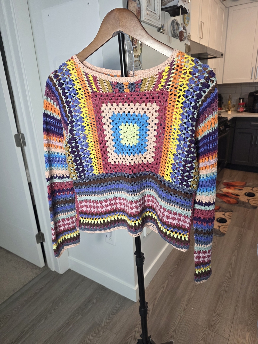 Multi-Color Crochet Square-Back Women's Sweater